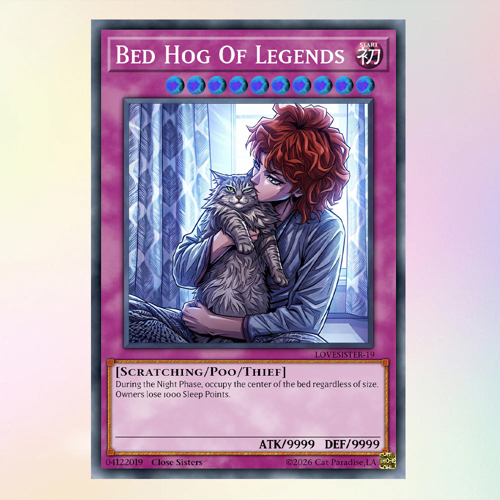 Custom Yu-Gi-Oh! Monster Card – BED HOG OF LEGENDS, Funny Cat Owner Gift, Personalized Metal Trading Card, Acrylic Card